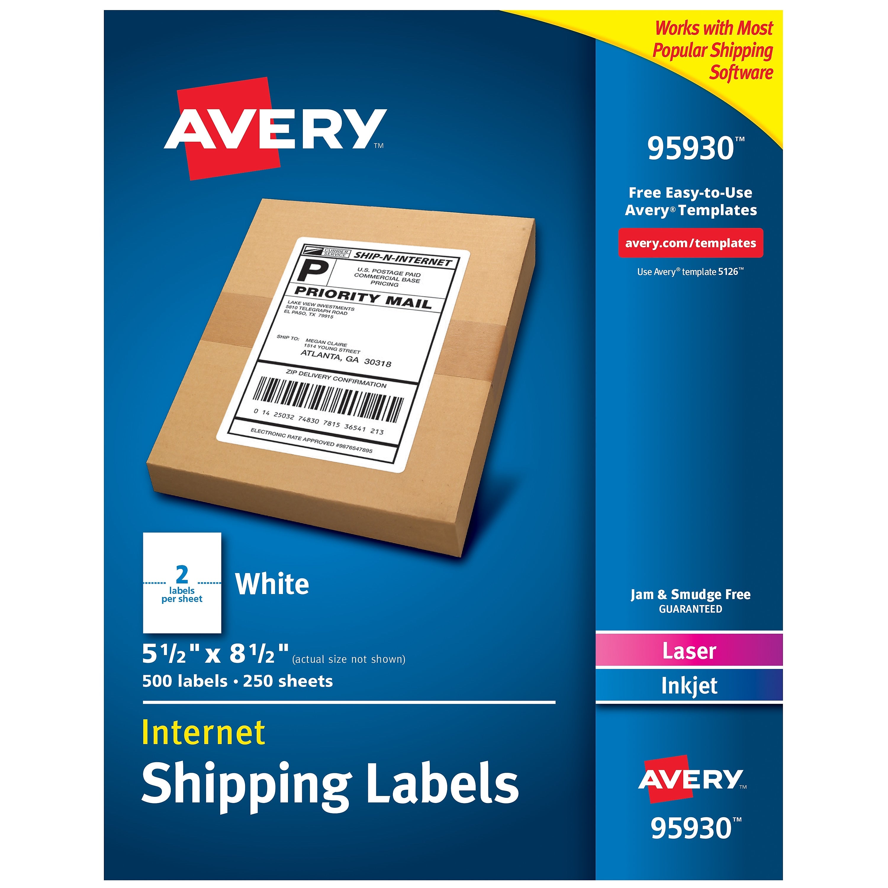 Avery Laser/Inkjet Shipping Labels, 5-1/2" x 8-1/2", White, 2 Labels/Sheet, 250 Sheets/Box