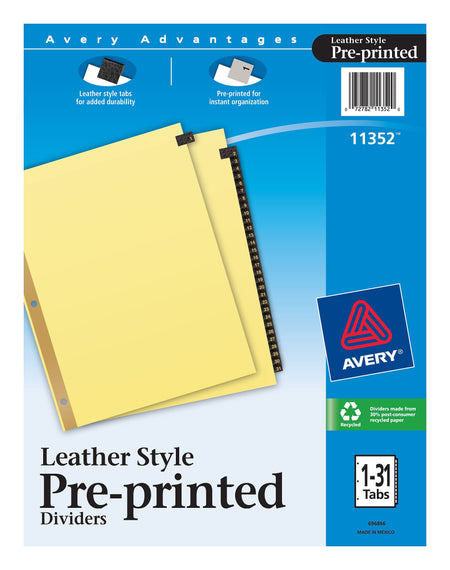 Avery Leather Style Pre-Printed Daily Tab Paper Dividers, 31 Tabs, Buff with Black Tabs