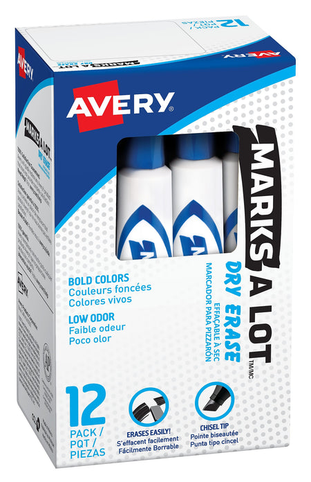 Avery Marks A Lot Desk-Style Dry Erase Marker, Chisel Tip, Blue, 12 Markers per Pack