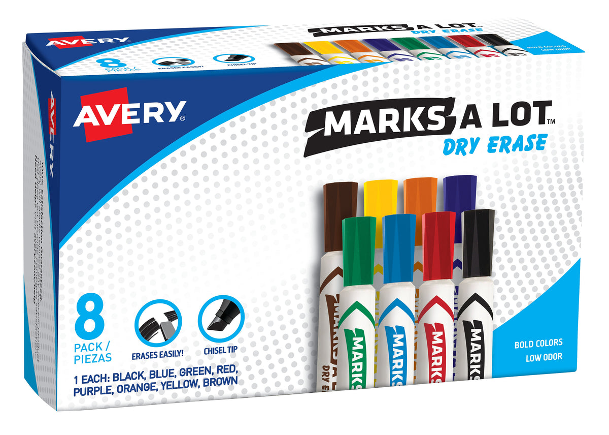 Avery Marks-A-Lot Dry Erase Markers, Chisel Tip, Assorted, 8/Pack