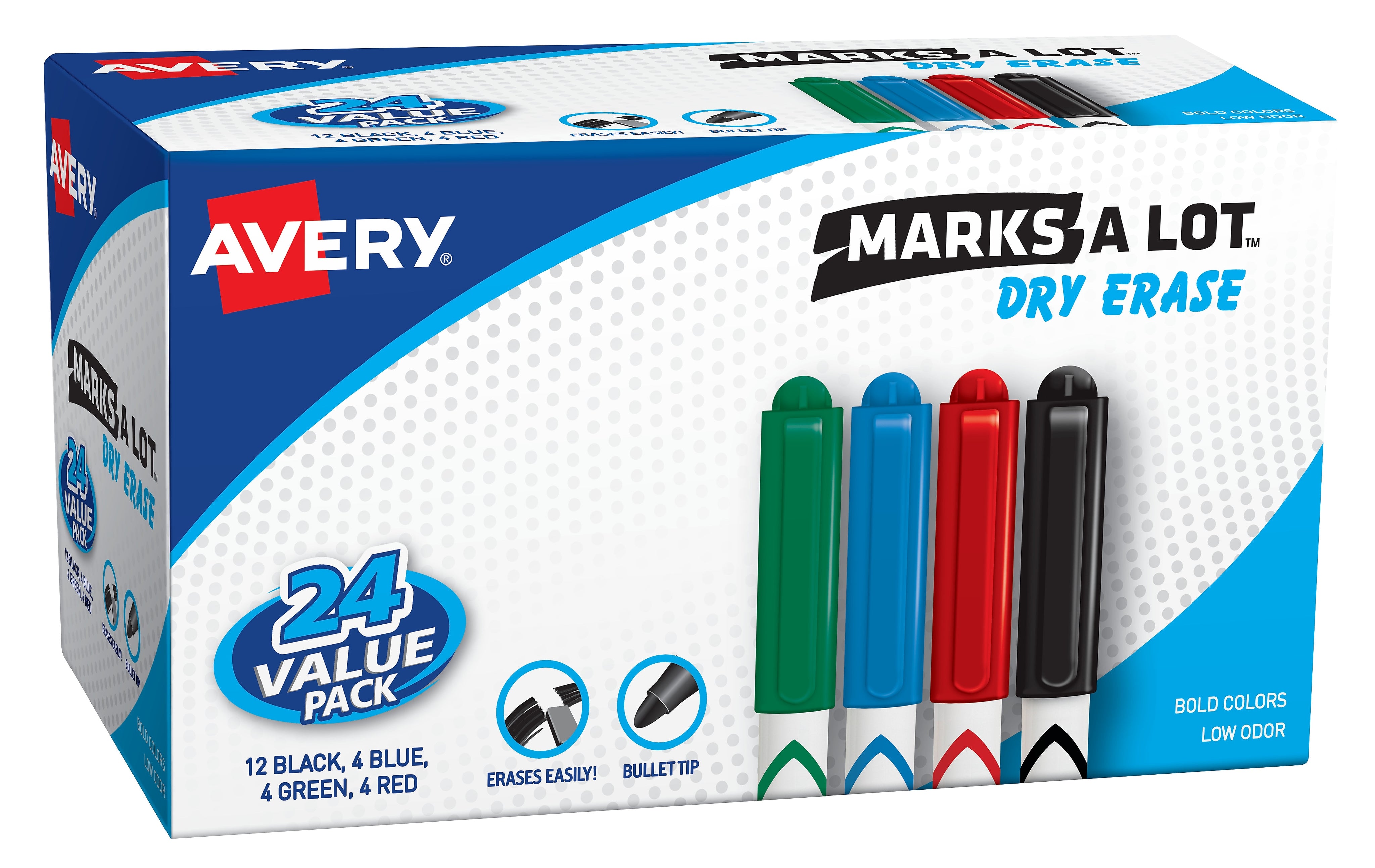 Avery Marks-A-Lot Pen-Style Dry Erase Markers, Bullet Tip, Assorted, 24/Pack