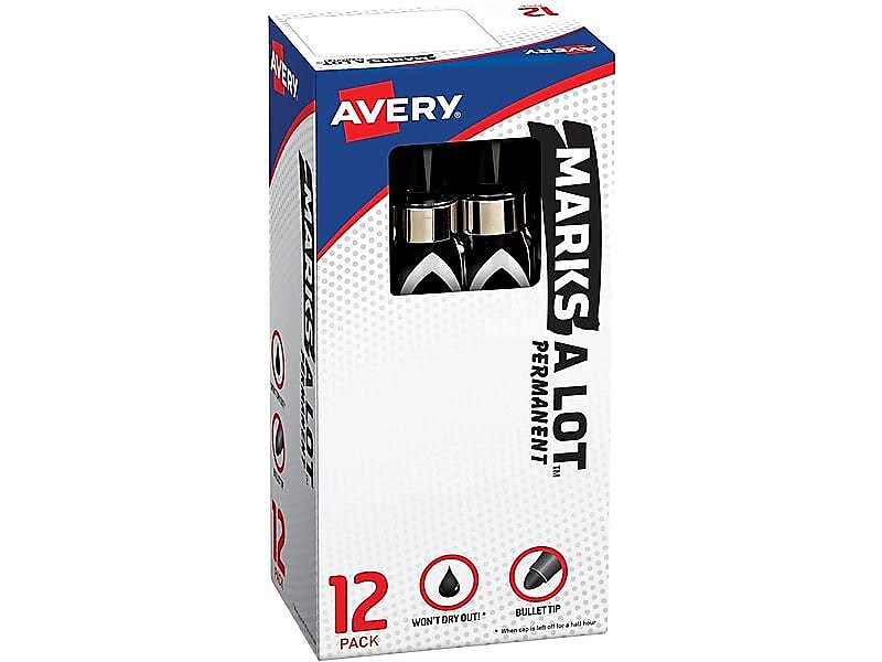 Avery Marks A Lot Tank Permanent Markers, Bullet Tip, Black, 12/Pack