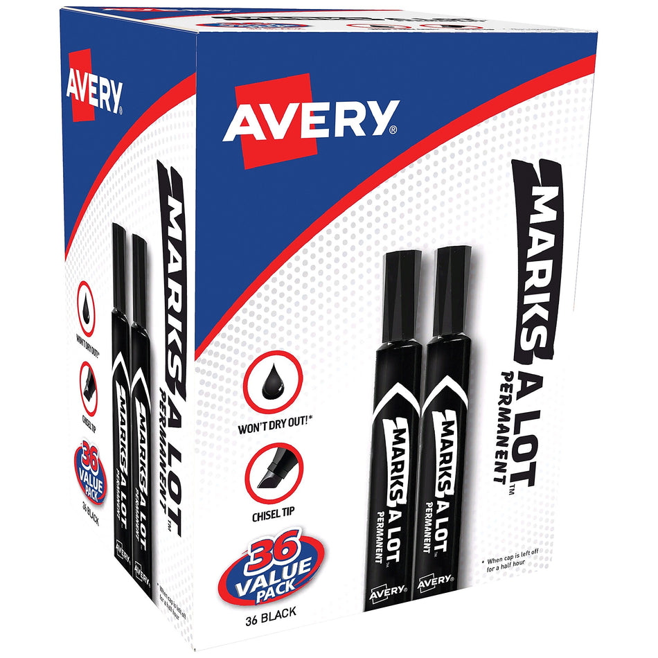 Avery Marks A Lot Tank Permanent Markers, Chisel Tip, Black, 36/Pack