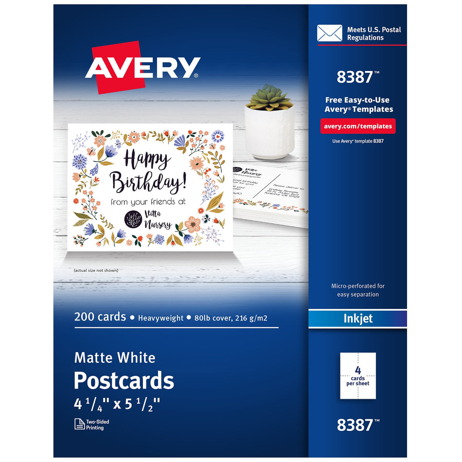 Avery Matte General Use Postcards, Matte White, 4.25" x 5.5", Inkjet, 200/Pack