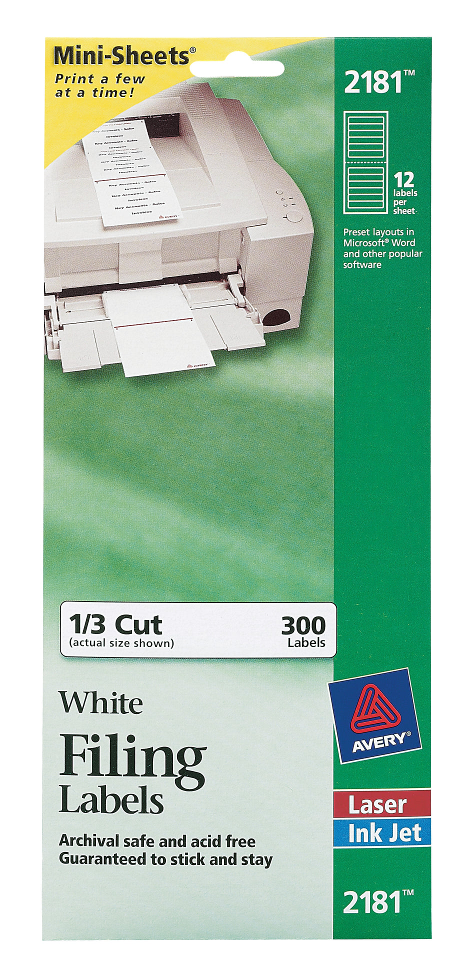 Avery Mini Laser/Inkjet File Folder Labels, 2/3" x 3-7/16", White, 12 Labels/Sheet, 25 Sheets/Pack