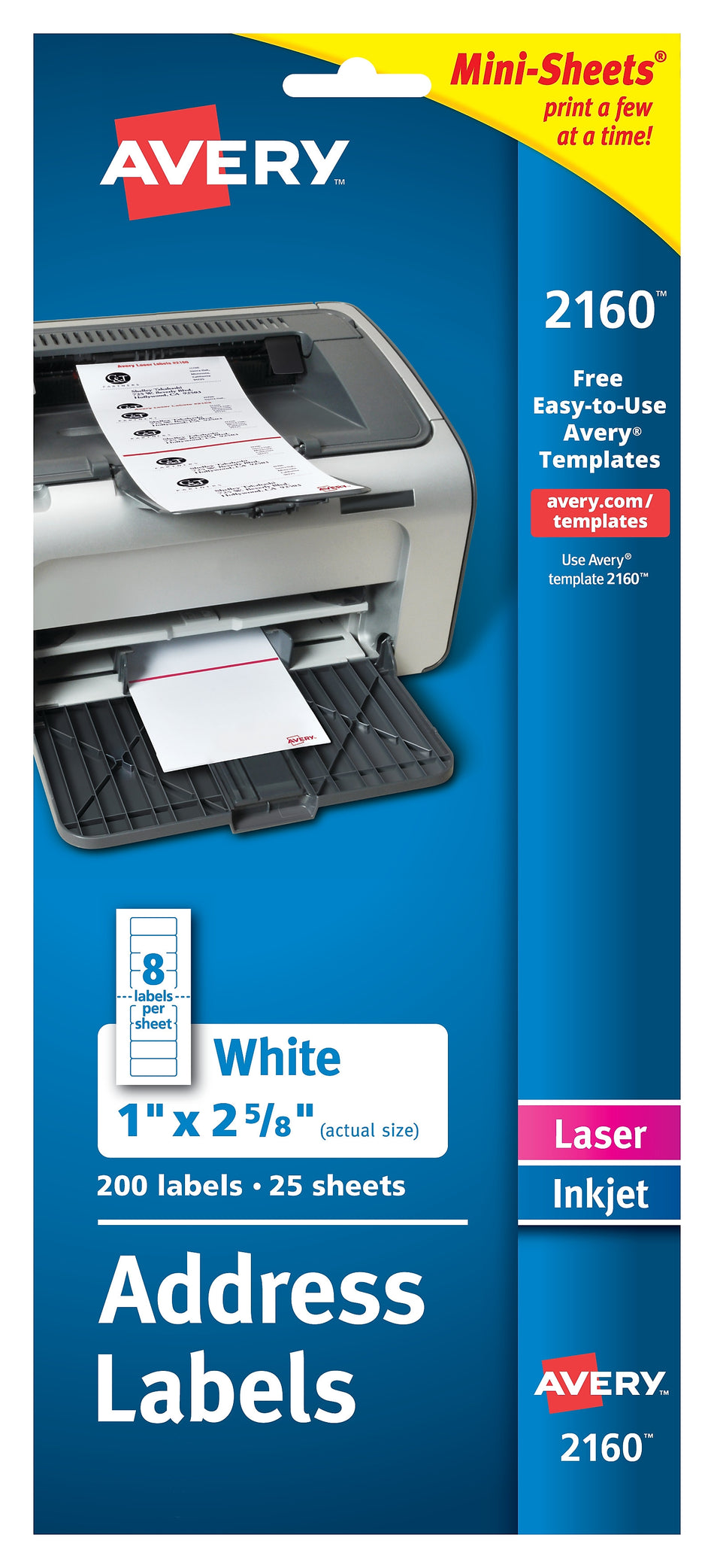 Avery Mini-Sheets Laser/Inkjet Address Labels, 1" x 2-5/8", White, 8 Labels/Sheet, 25 Sheets/Pack