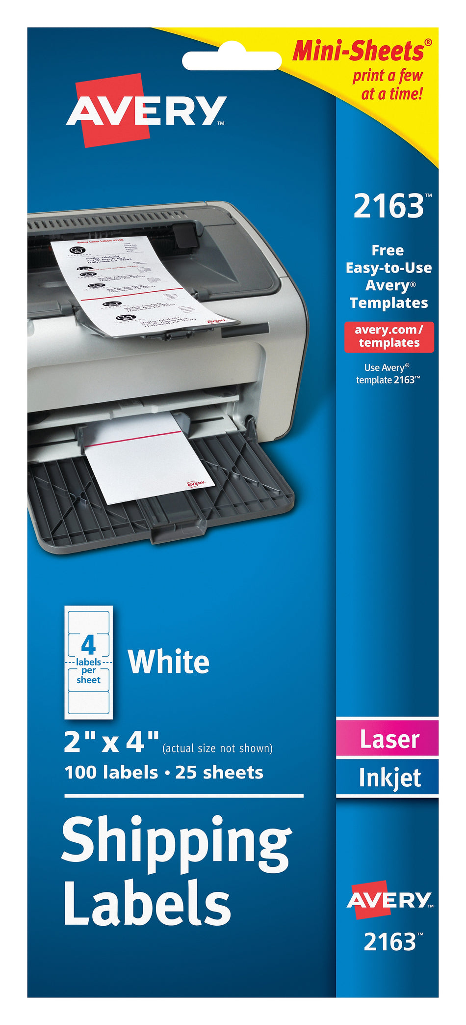 Avery Mini-Sheets Laser/Inkjet Shipping Labels, 2" x 4", White, 4 Labels/Sheet, 25 Sheets/Pack