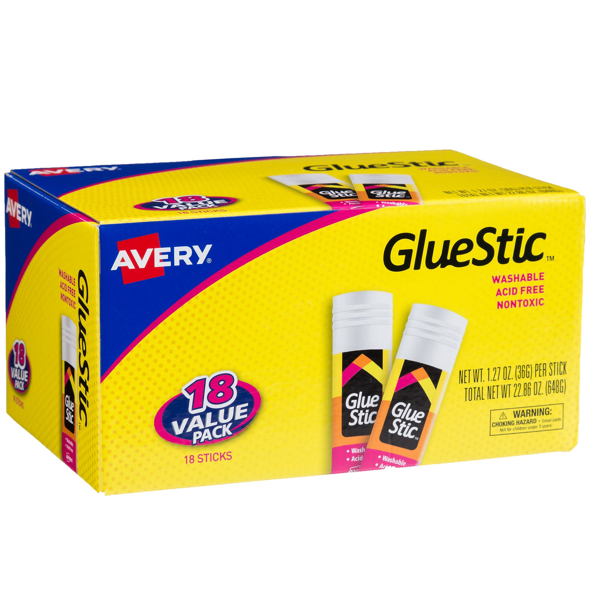 Avery Nontoxic Washable Glue Sticks, 1.27 oz., White, 18/Pack