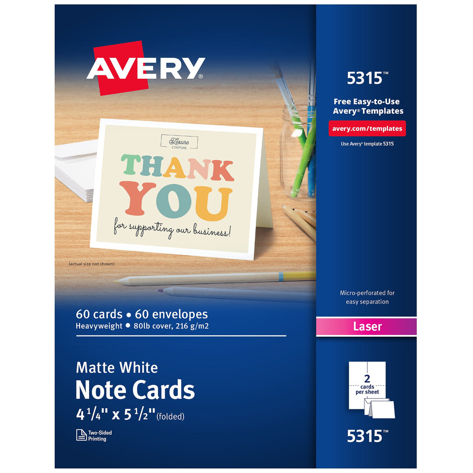 Avery Note Cards Matte General Use Notecards, White, 60/Box