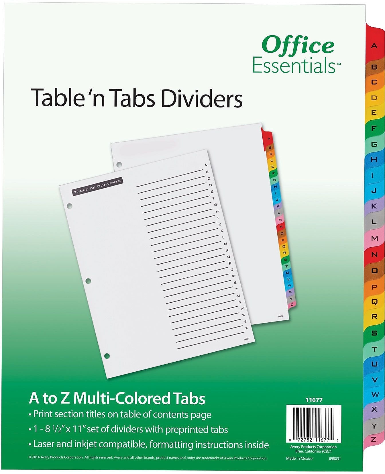 Avery Office Essentials Table 'n Tabs A - Z Tab Paper Dividers, 26 Tabs, Multicolor