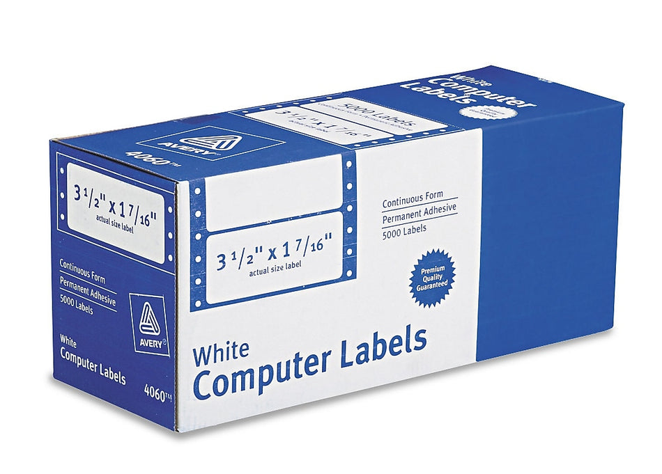 Avery Pin-Fed Continuous Form Computer Labels, 1 7/16" x 3 1/2", White, 1 Label Across, 4 1/4" Carrier, 5,000 Labels/Box