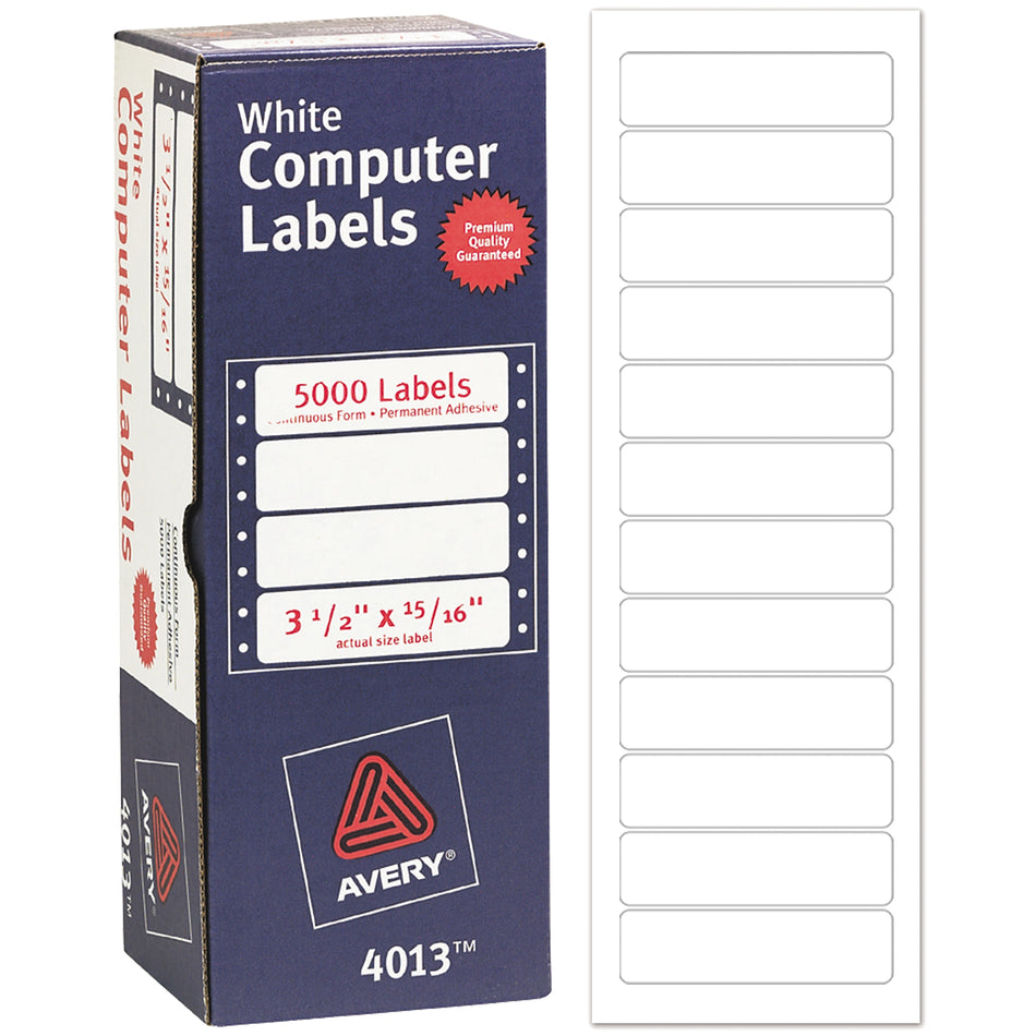 Avery Pin-Fed Continuous Form Computer Labels, 15/16" x 3 1/2", White, 1 Label Across, 4 1/4" Carrier, 5,000 Labels/Box