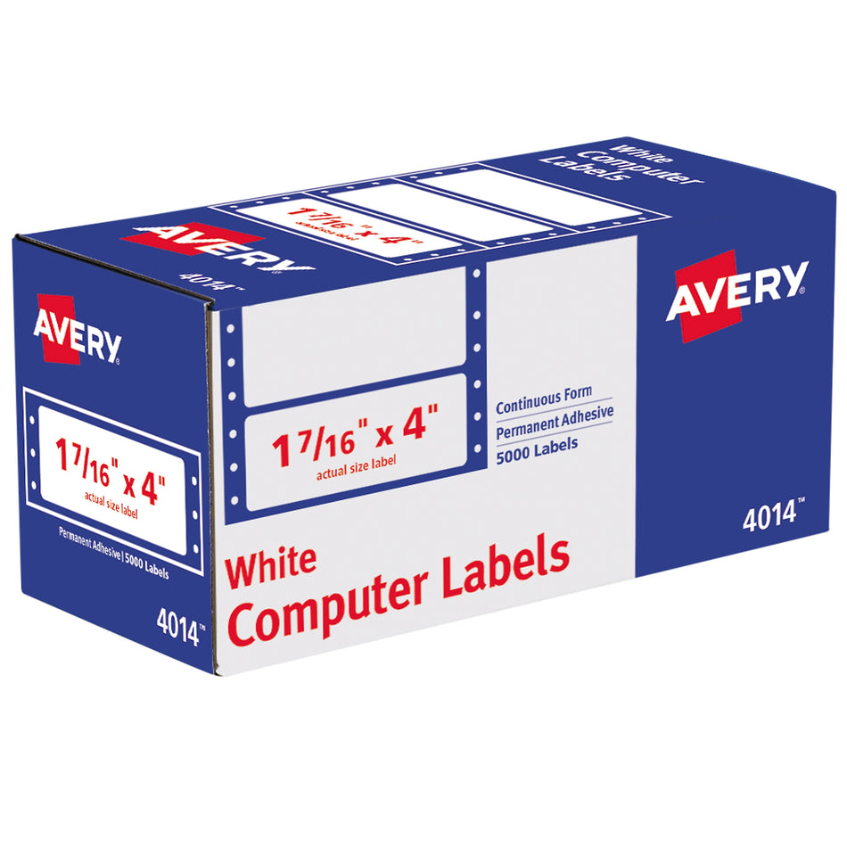 Avery Pin Fed Continuous Form Computer Labels, 4" x 1-7/16", White, 1 Label Across, 4 3/4" Carrier, 5,000 Labels/Box