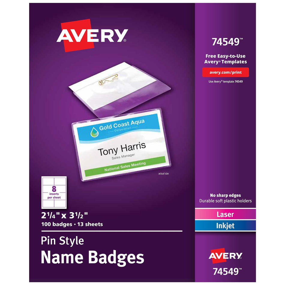 Avery Pin Style Laser/Inkjet Name Badge Kit, 2 1/4" x 3 1/2", Clear Holders with With Inserts, 100/Box