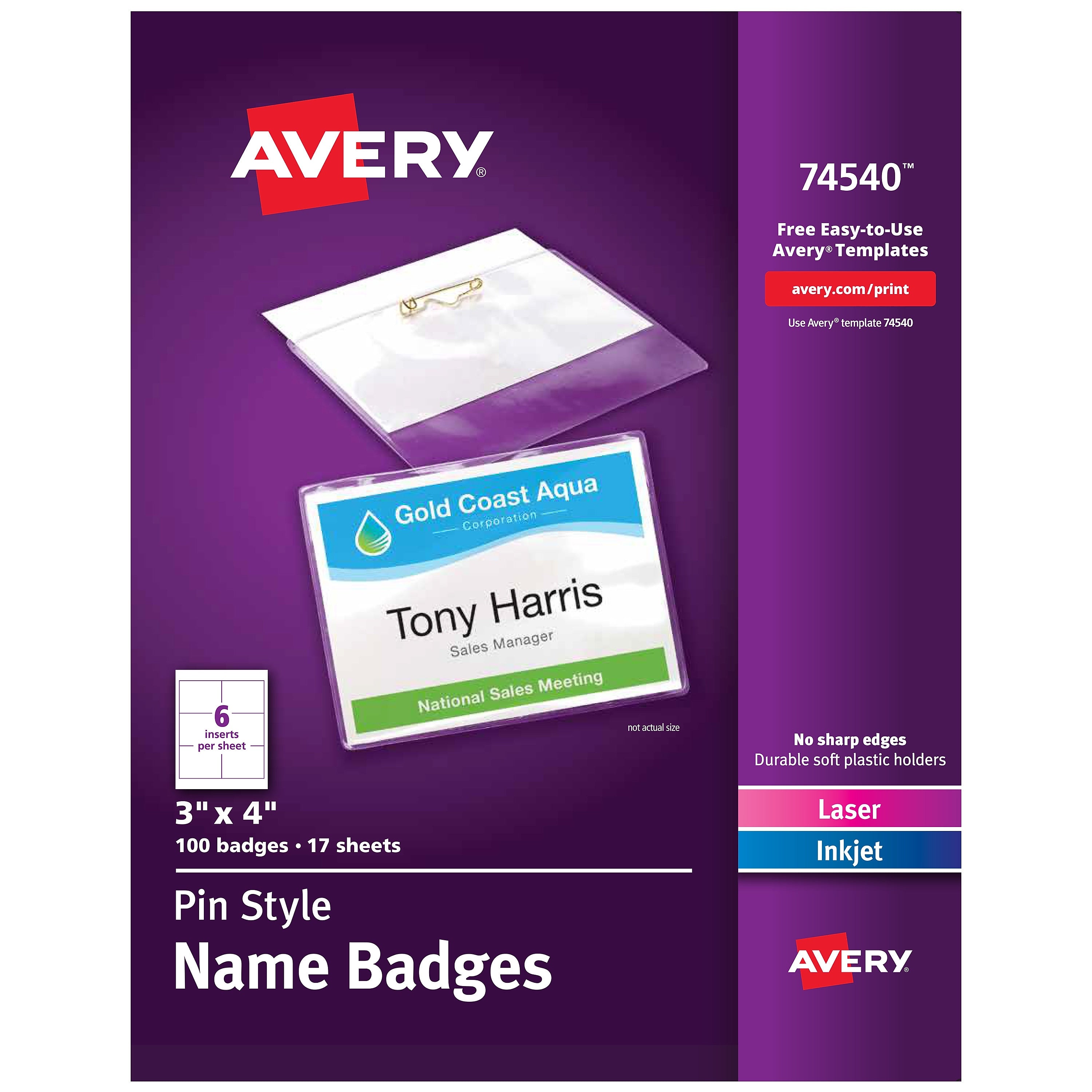 Avery Pin Style Laser/Inkjet Name Badge Kit, 3" x 4", Clear Holders with White Inserts, 100/Box