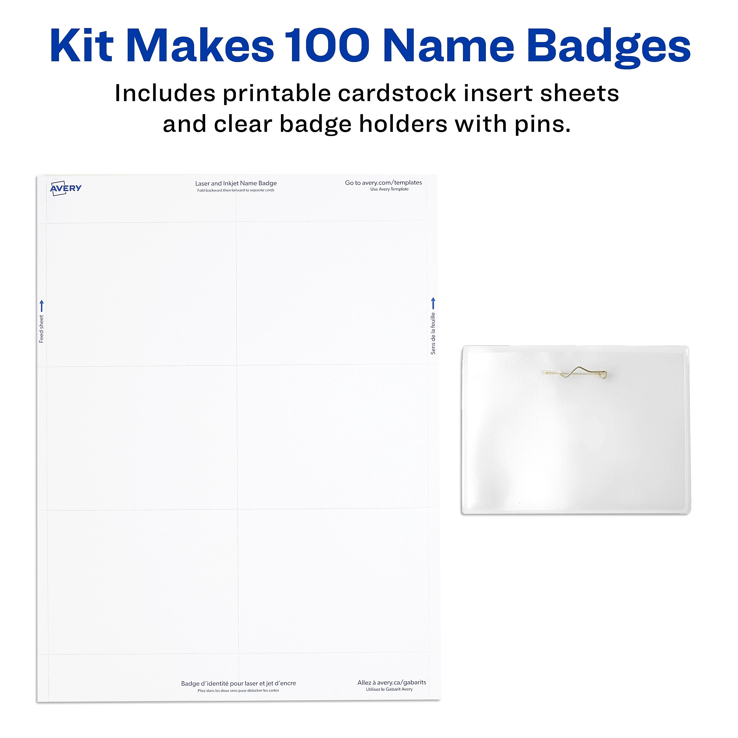 Avery Pin Style Laser/Inkjet Name Badge Kit, 3" x 4", Clear Holders with White Inserts, 100/Box