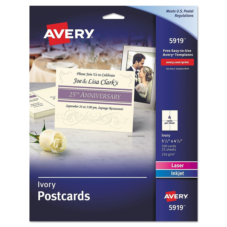 Avery Postcards For Inkjet/laser Printers, 4 1/4 X 5 1/2, Ivory, 4/sheet, 100/box