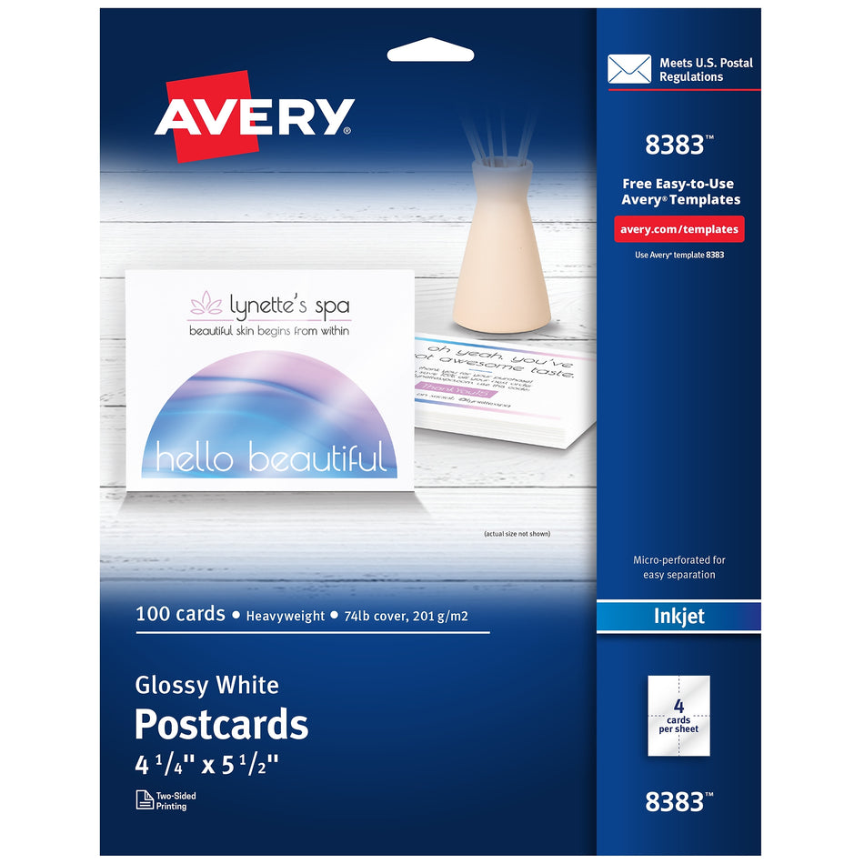 Avery Postcards, Glossy White, 4.25" x 5.5", Inkjet, 100/Pack