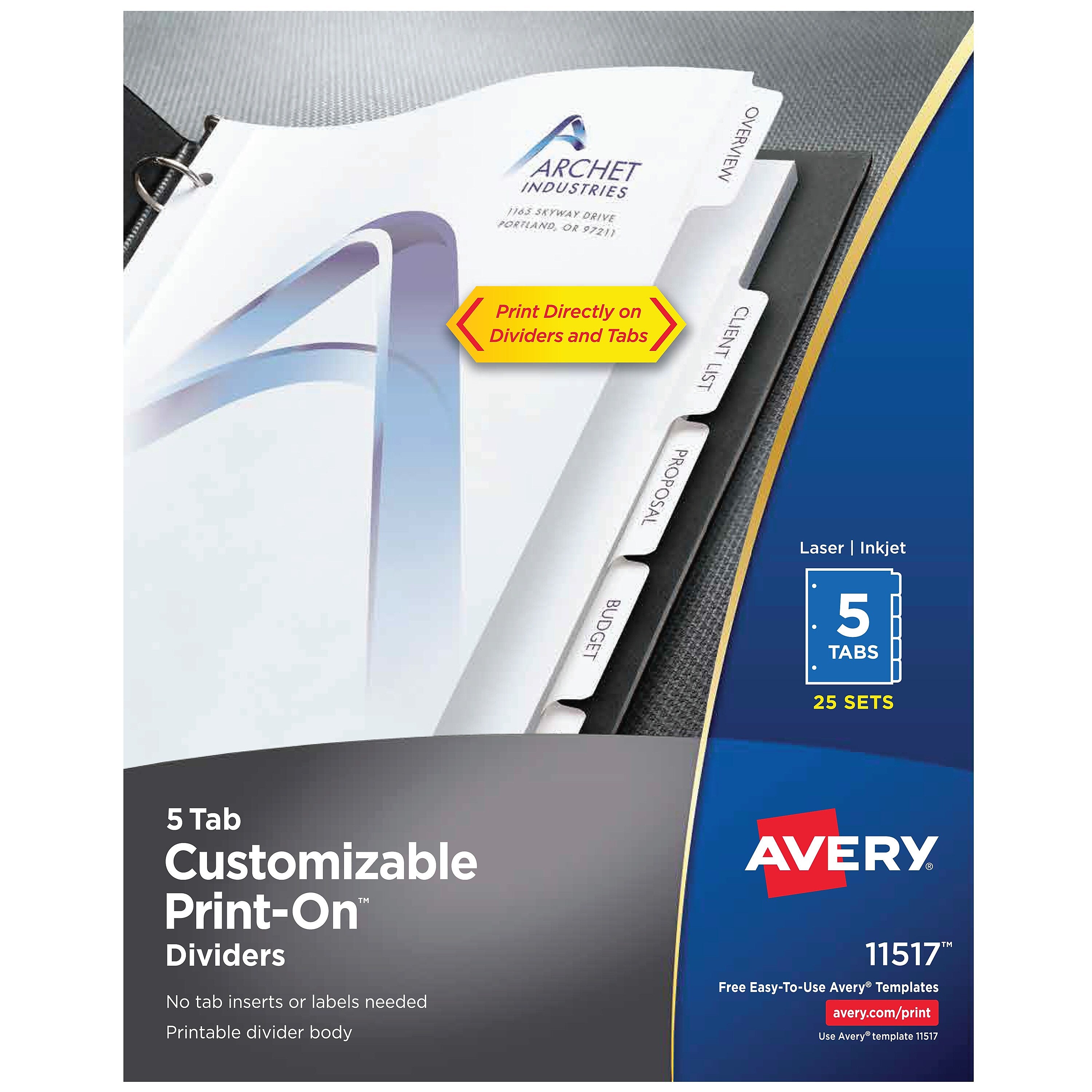 Avery Print-On Paper Dividers, 5 Tabs, White, 25 Sets/Pack