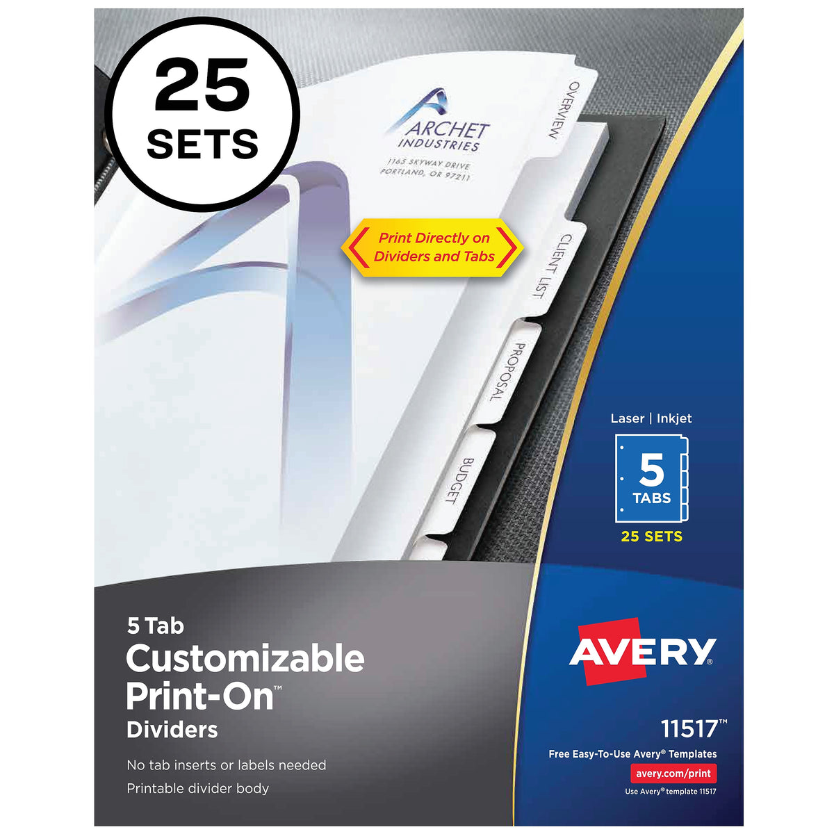 Avery Print-On Paper Dividers, 5 Tabs, White, 25 Sets/Pack