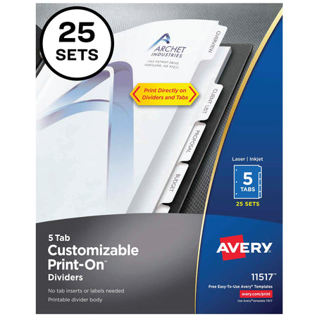 Avery Print-On Paper Dividers, 5 Tabs, White, 25 Sets/Pack