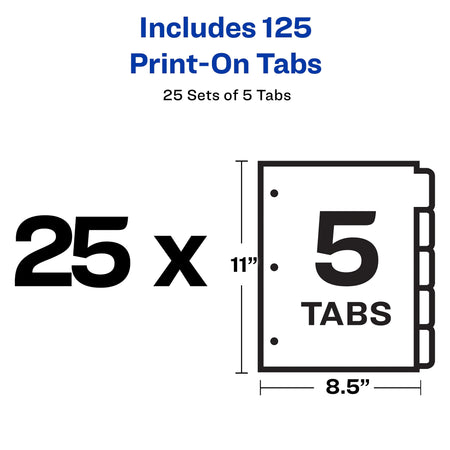 Avery Print-On Paper Dividers, 5 Tabs, White, 25 Sets/Pack