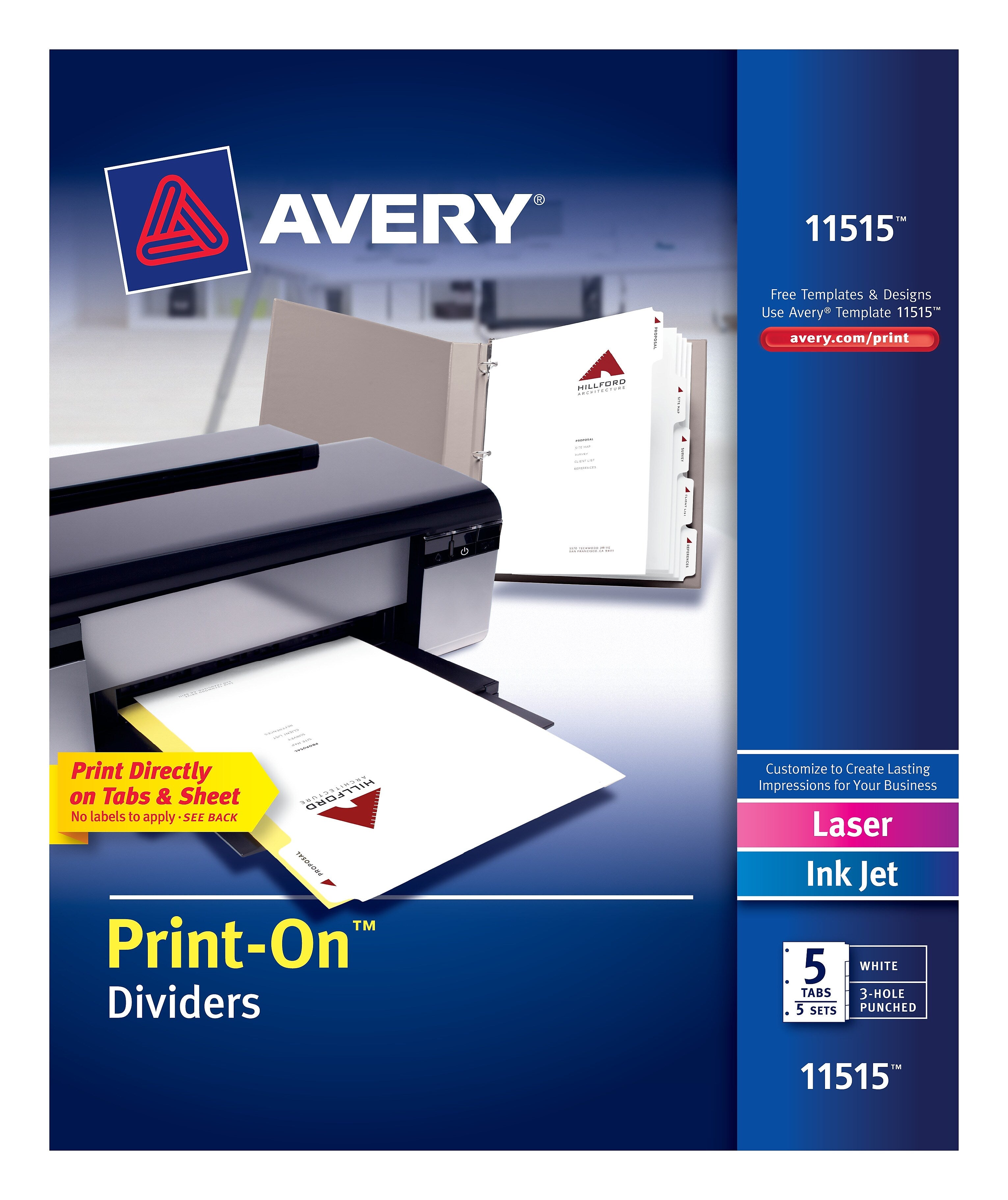 Avery Print-On Paper Dividers, 5 Tabs, White, 5 Sets/Pack