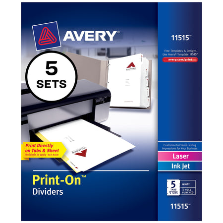 Avery Print-On Paper Dividers, 5 Tabs, White, 5 Sets/Pack