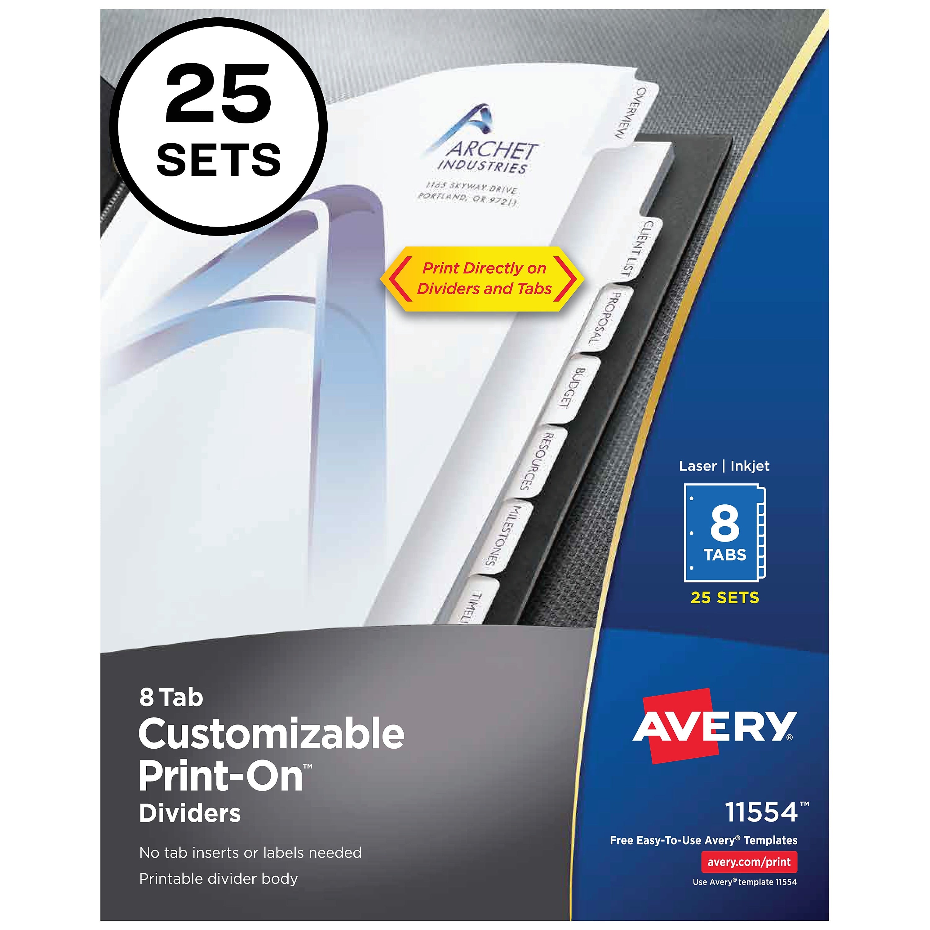 Avery Print-On Paper Dividers, 8 Tabs, White, 25 Sets/Pack