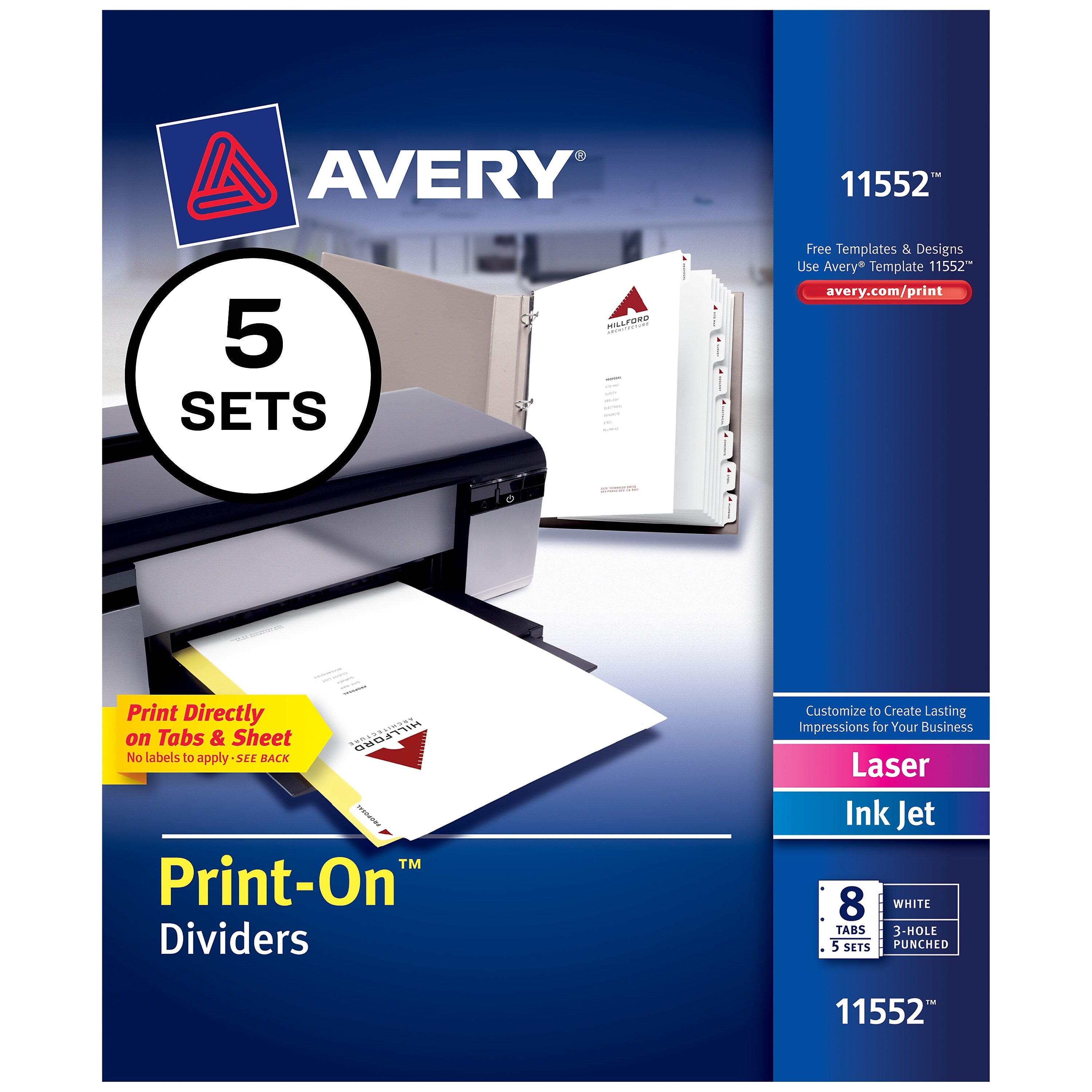 Avery Print-On Paper Dividers, 8 Tabs, White, 5 Sets/Pack