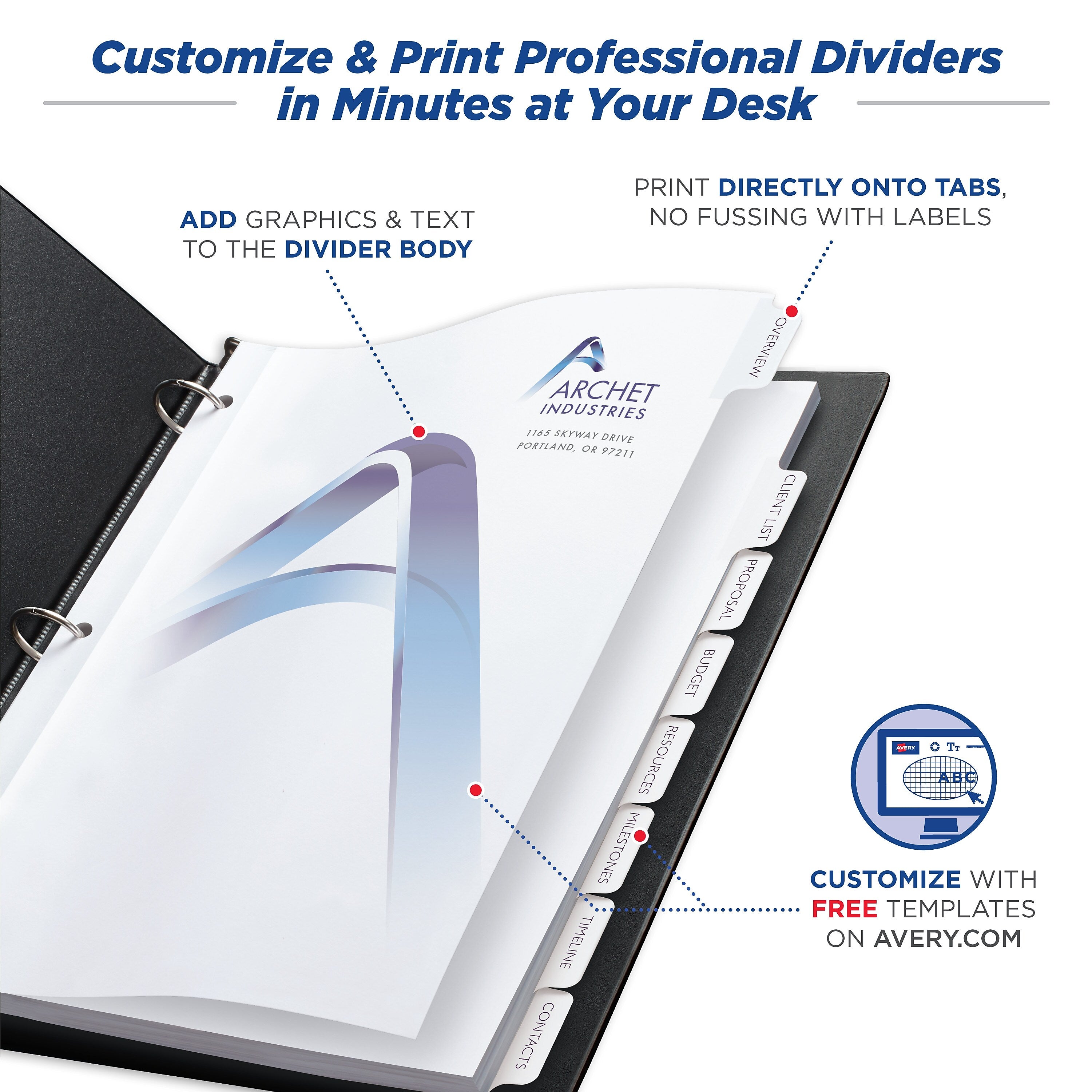 Avery Print-On Paper Dividers, 8 Tabs, White, 5 Sets/Pack