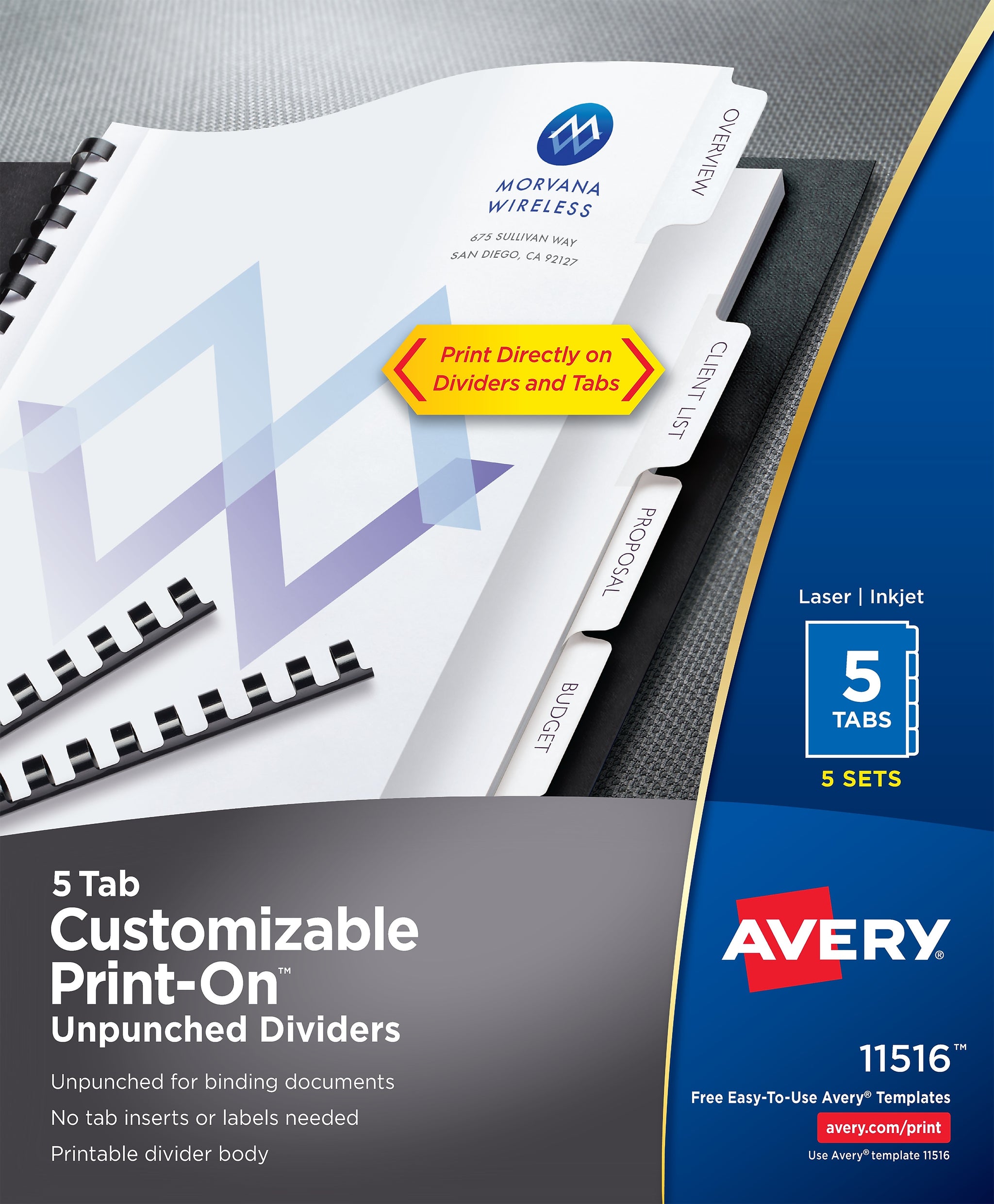 Avery Print-On Unpunched Paper Dividers, 5 Tabs, White, 5 Sets/Pack