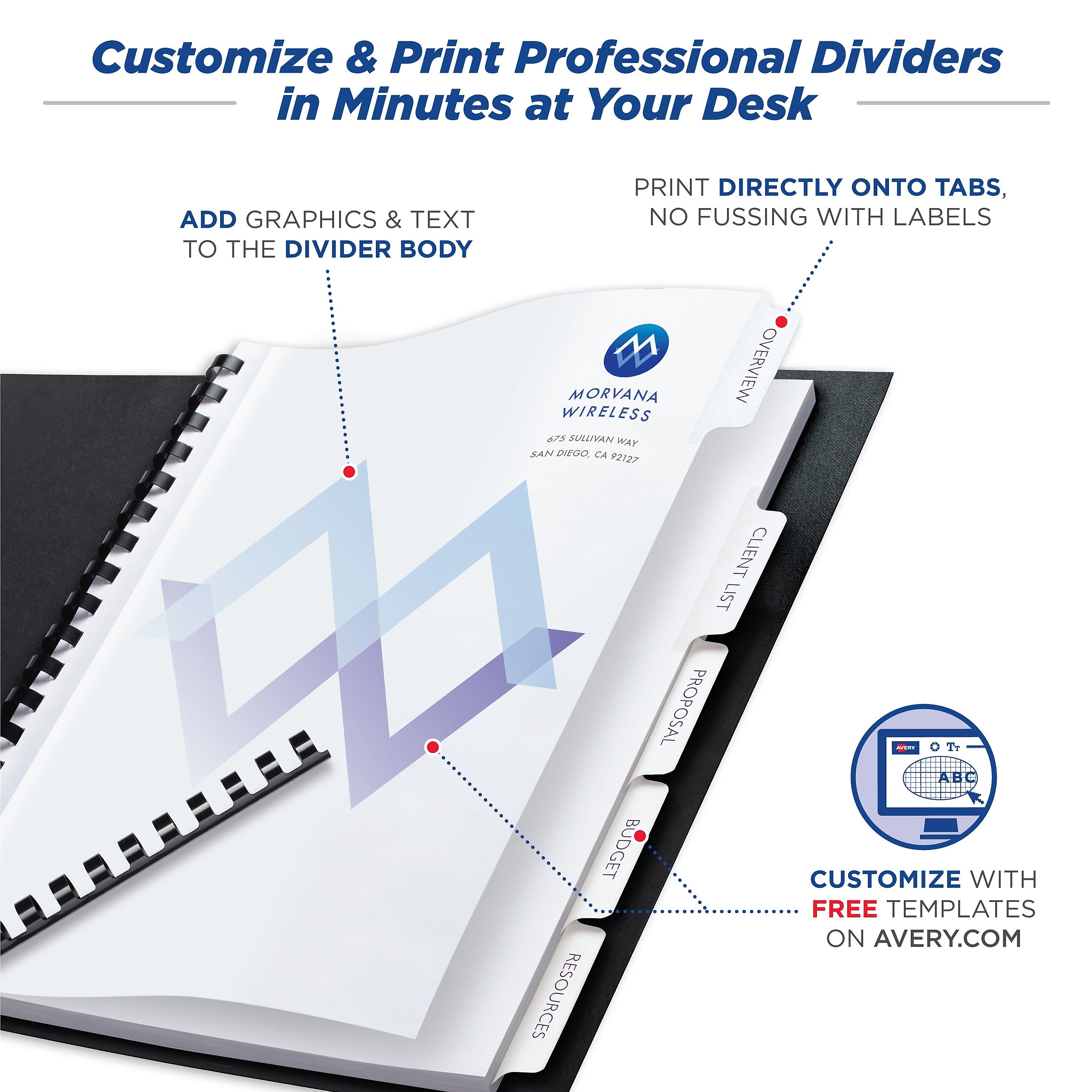 Avery Print-On Unpunched Paper Dividers, 5 Tabs, White, 5 Sets/Pack
