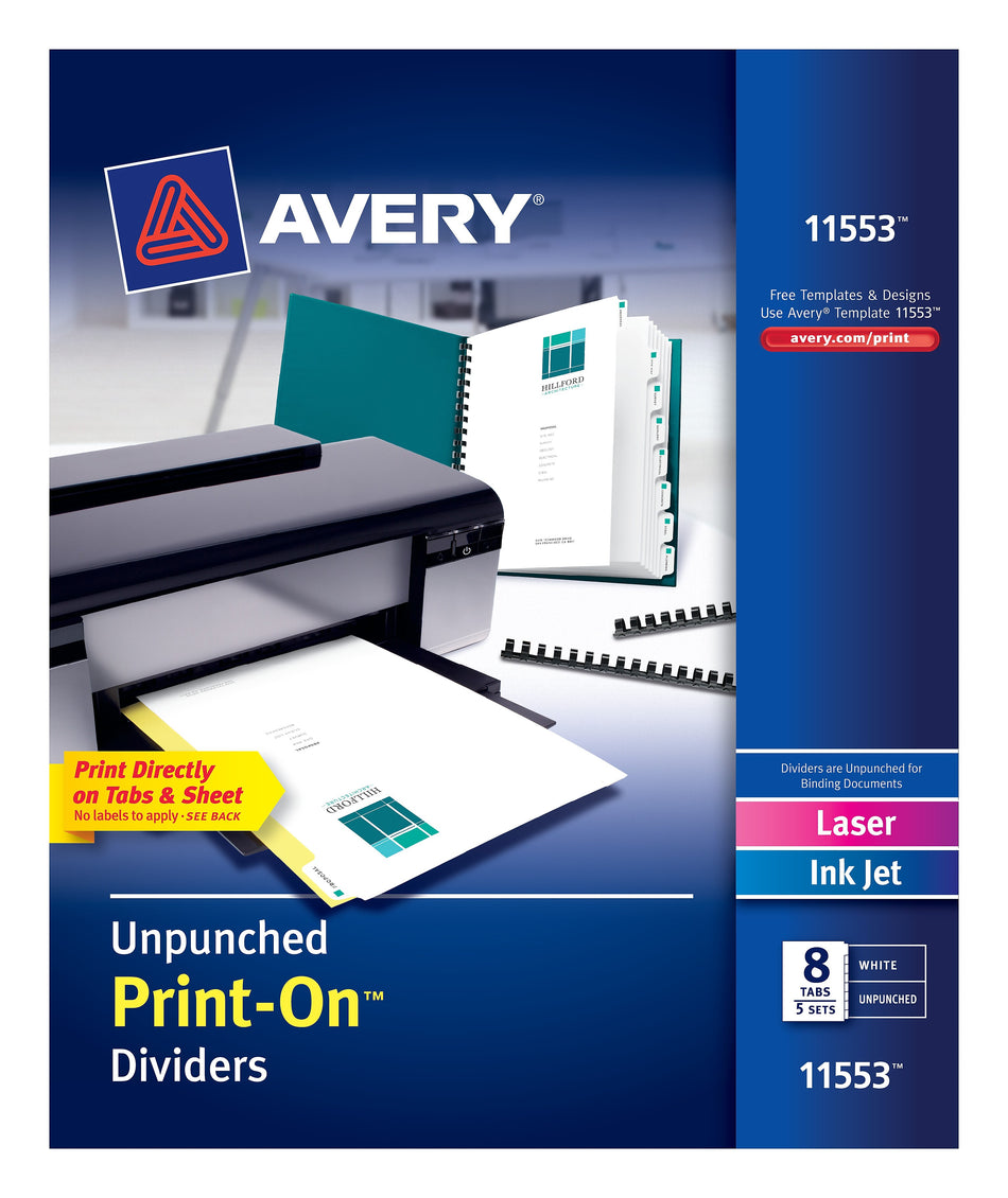 Avery Print-On Unpunched Paper Dividers, 8 Tabs, White, 5 Sets/Pack