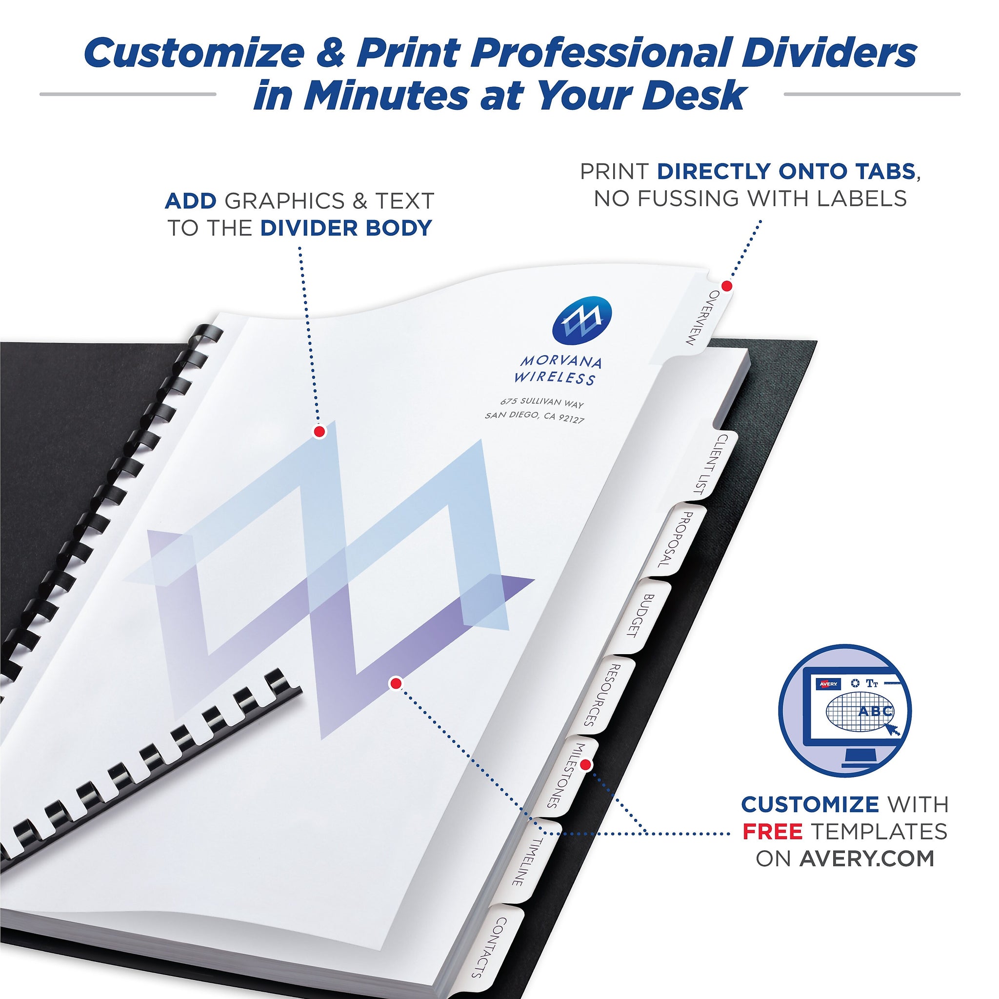 Avery Print-On Unpunched Paper Dividers, 8 Tabs, White, 5 Sets/Pack