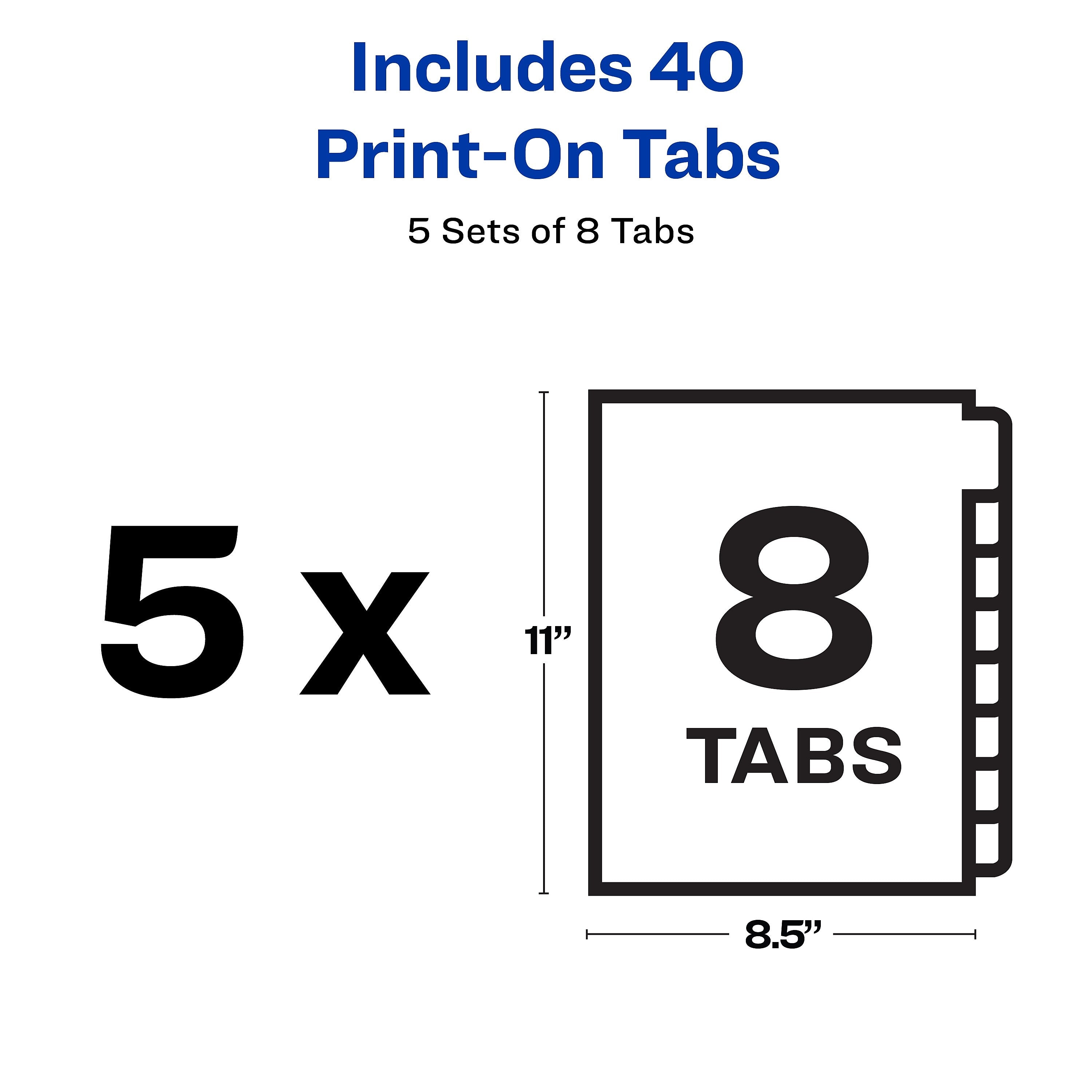 Avery Print-On Unpunched Paper Dividers, 8 Tabs, White, 5 Sets/Pack
