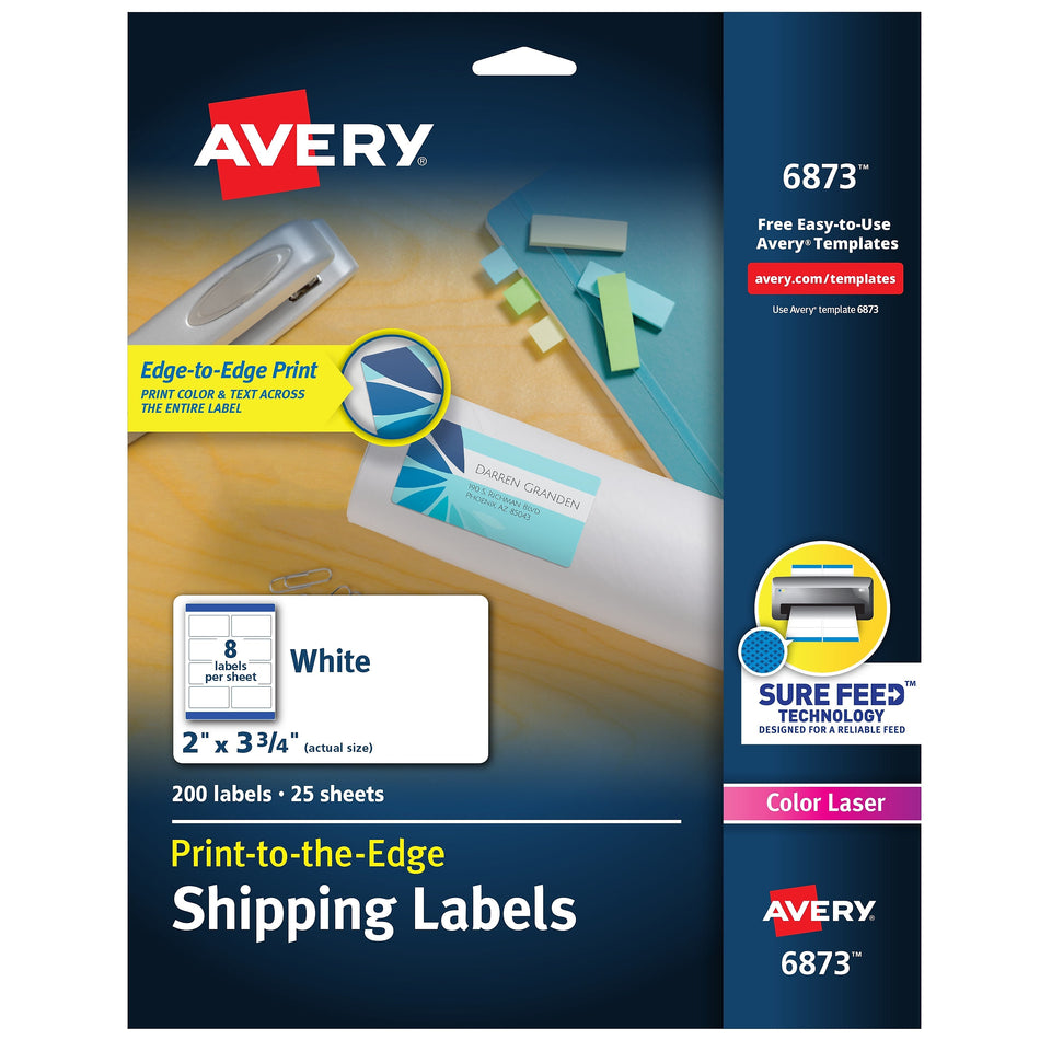 Avery Print-to-the-Edge Color Laser Shipping Labels, 2" x 3-3/4", White, 8 Labels/Sheet, 25 Sheets/Pack