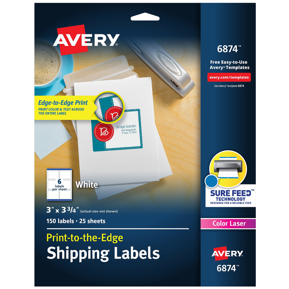 Avery Print-to-the-Edge Color Laser Shipping Labels, 3" x 3-3/4", White, 6 Labels/Sheet, 25 Sheets/Pack