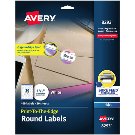 Avery Print-to-the-Edge Inkjet Round Labels, 1 1/2" Diameter, White, 20 Labels/Sheet, 20 Sheets/Pack