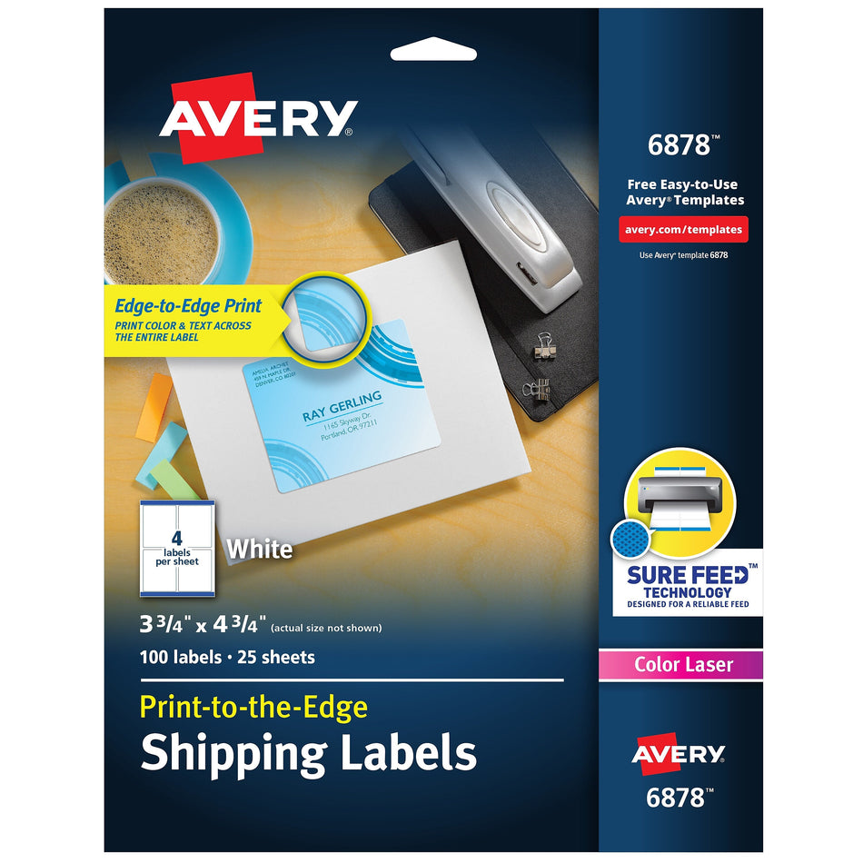 Avery Print-to-the-Edge Laser Shipping Labels, 3-3/4" x 4-3/4", White, 4 Labels/Sheet, 25 Sheets/Pack