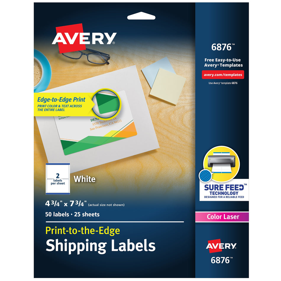 Avery Print-to-the-Edge Laser Shipping Labels, 4-3/4" x 7-3/4", White, 2 Labels/Sheet, 25 Sheets/Pack