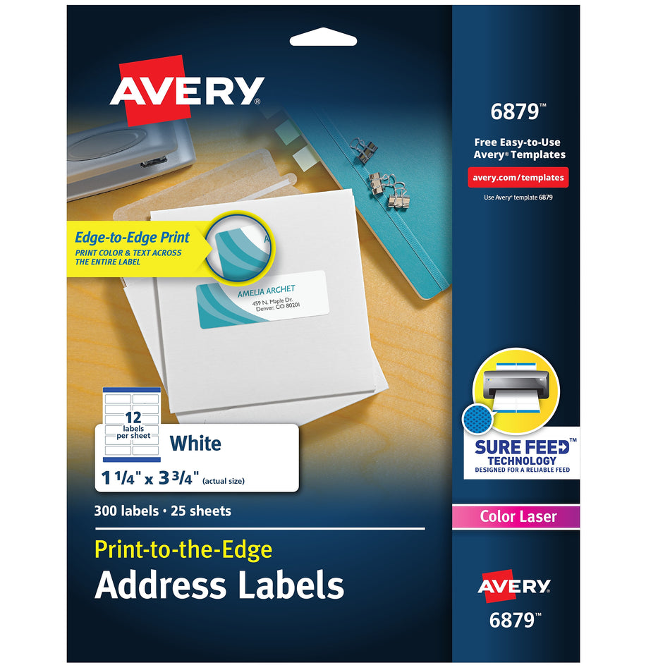 Avery Print to the Edge Laser/Copier Address Labels, 1-1/4" x 3-3/4", 12 Labels/Sheet, 25 Sheets/Pack