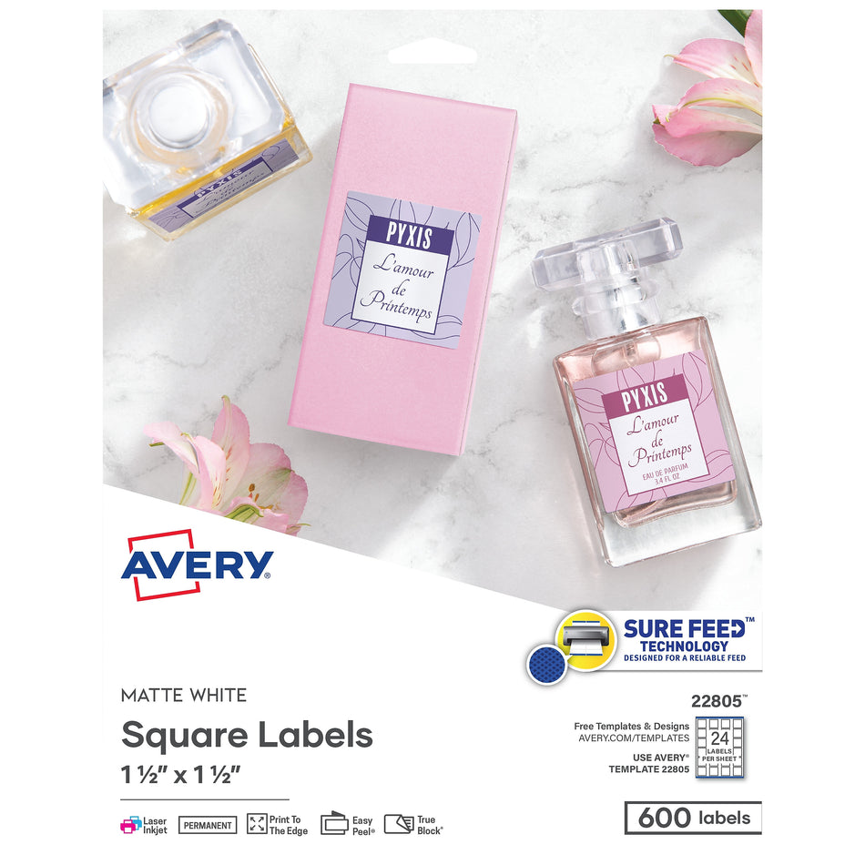 Avery Print-to-the-Edge Laser/Inkjet Labels, 1 1/2" x 1 1/2", White, 24 Labels/Sheet, 25 Sheets/Pack, 600 Labels/Pack