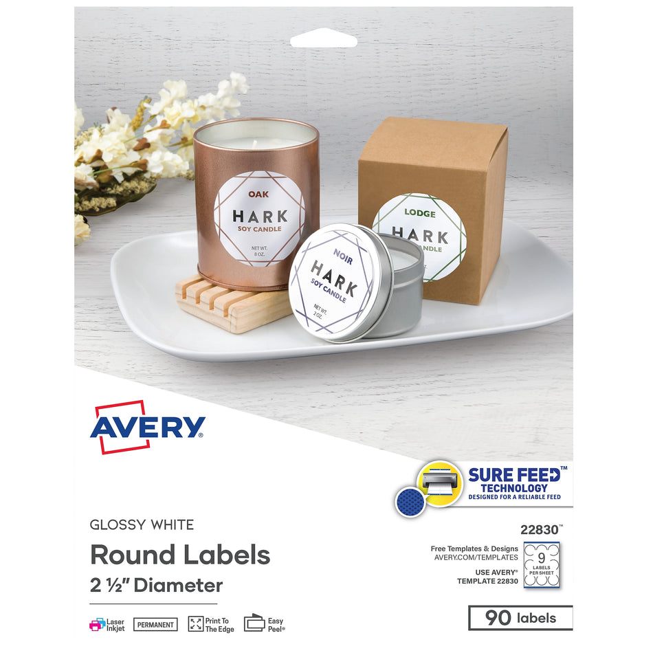 Avery Print-to-the-Edge Laser/Inkjet Labels, 2 1/2" Diameter, White, 9 Labels/Sheet, 10 Sheets/Pack, 90 Labels/Pack