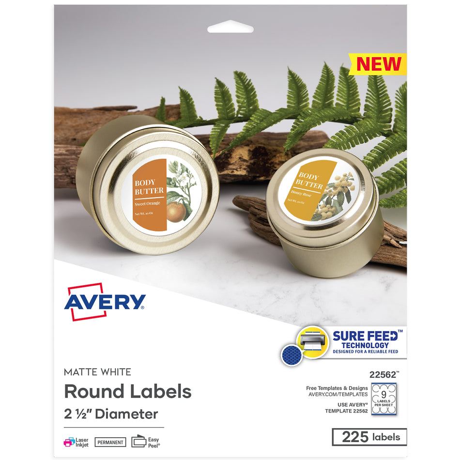 Avery Print-to-the-Edge Laser/Inkjet Labels, 2 1/2" Diameter, White, 9 Labels/Sheet, 25 Sheets/Pack, 225 Labels/Pack