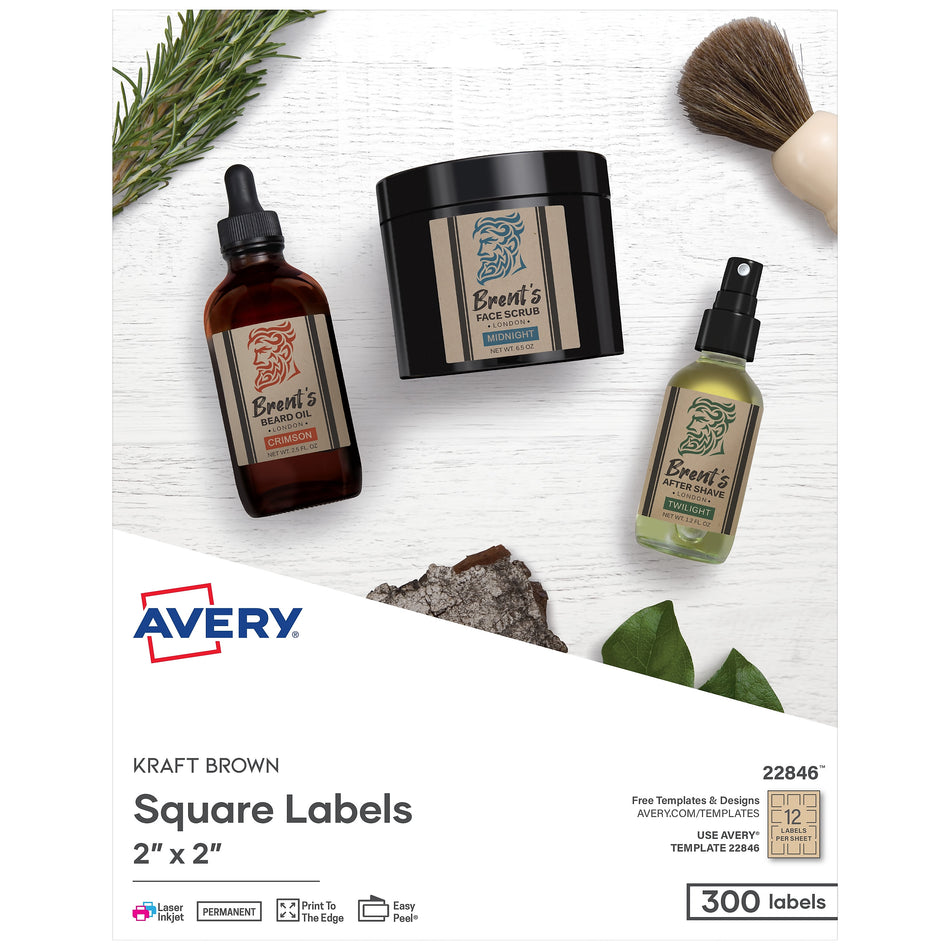 Avery Print-to-the-Edge Laser/Inkjet Labels, 2" x 2", Kraft Brown, 12 Labels/Sheet, 25 Sheets/Pack, 300 Labels/Pack