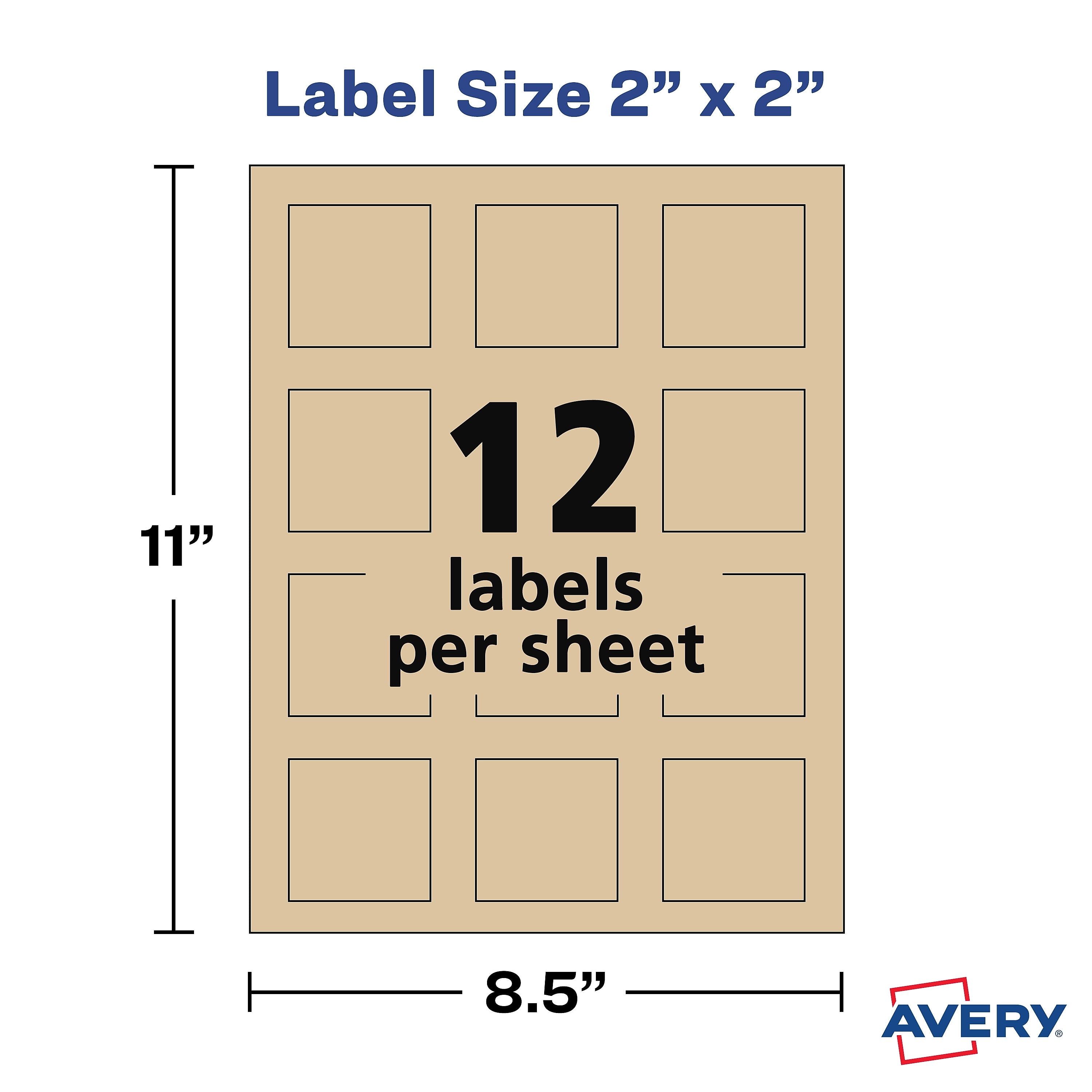 Avery Print-to-the-Edge Laser/Inkjet Labels, 2" x 2", Kraft Brown, 12 Labels/Sheet, 25 Sheets/Pack, 300 Labels/Pack