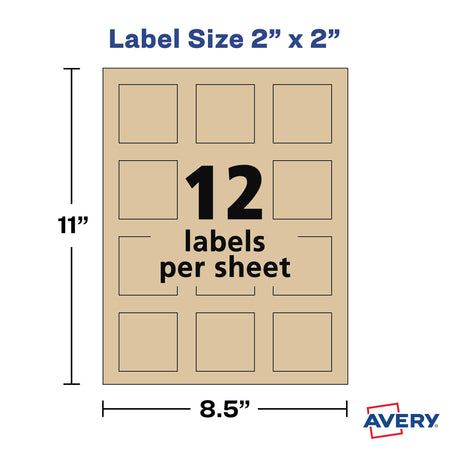 Avery Print-to-the-Edge Laser/Inkjet Labels, 2" x 2", Kraft Brown, 12 Labels/Sheet, 25 Sheets/Pack, 300 Labels/Pack