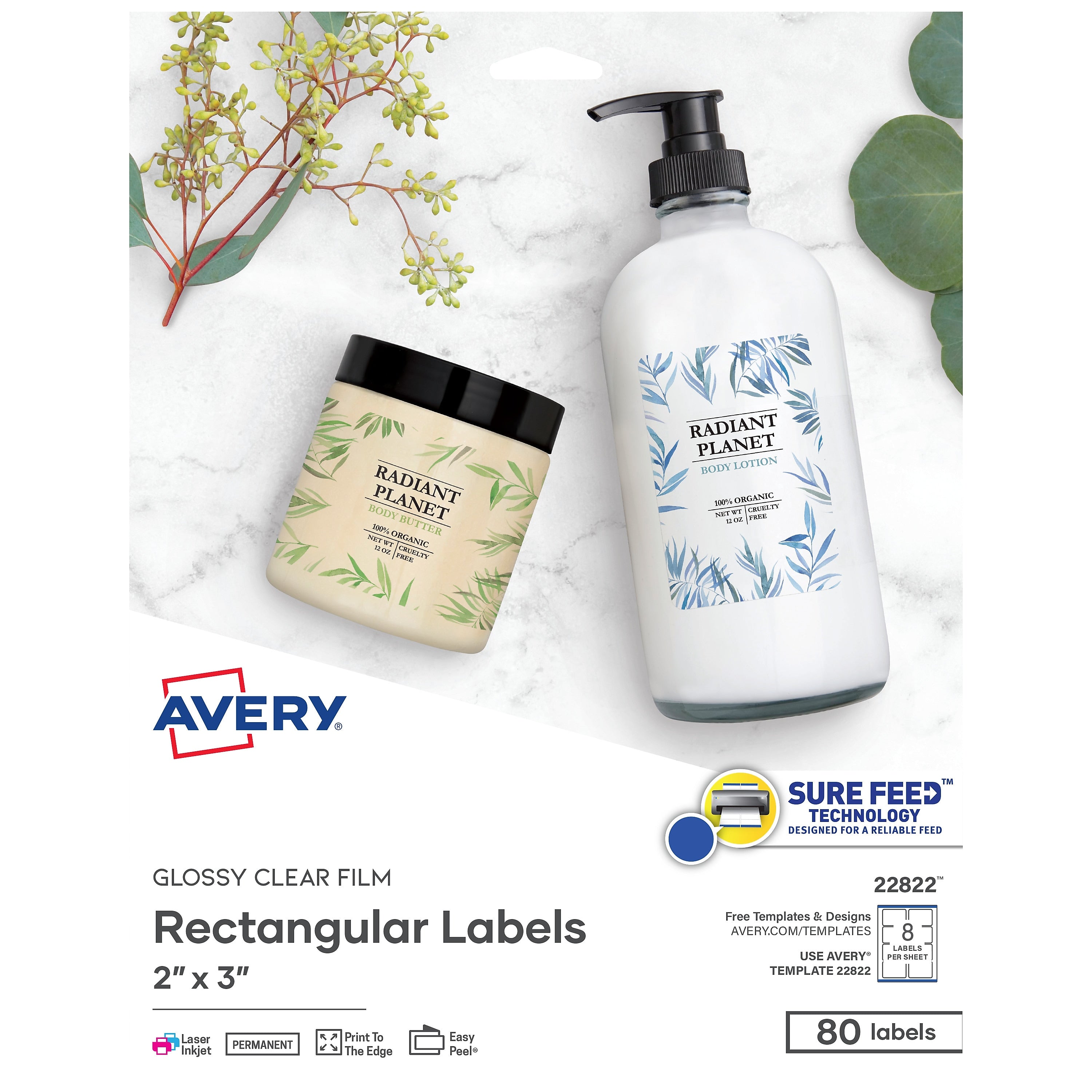 Avery Print-to-the-Edge Laser/Inkjet Labels, 2" x 3", Glossy Clear, 8 Labels/Sheet, 10 Sheets/Pack, 80 Labels/Pack