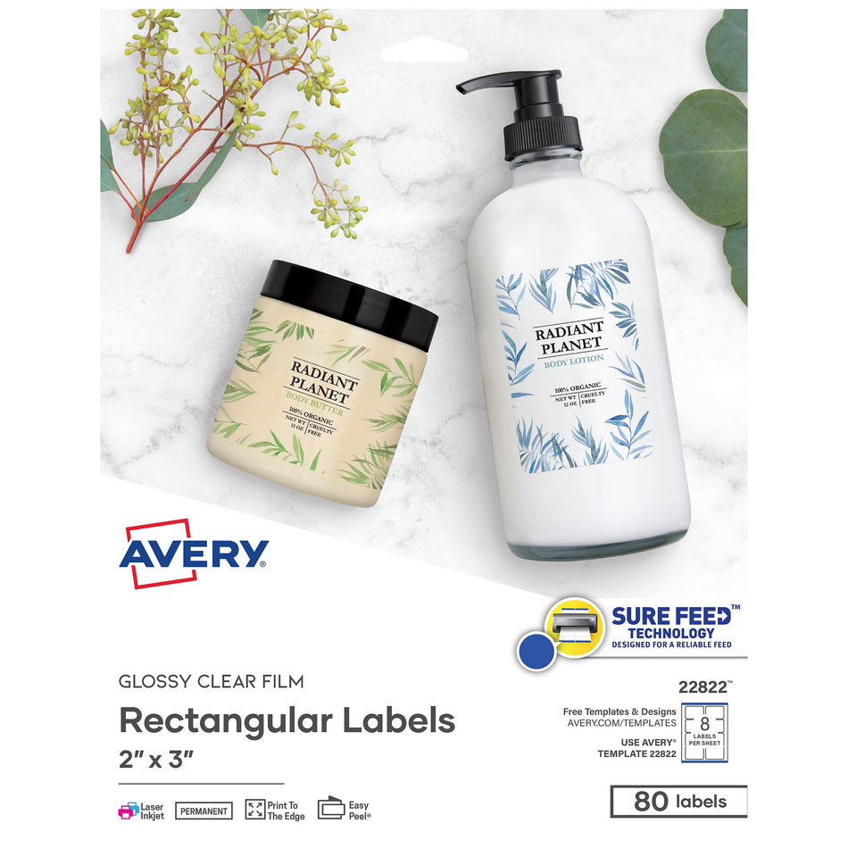 Avery Print-to-the-Edge Laser/Inkjet Labels, 2" x 3", Glossy Clear, 8 Labels/Sheet, 10 Sheets/Pack, 80 Labels/Pack